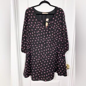 Just Funky CAT Print 3/4 Sleeve Tie Neck Mini Dress Pockets Black Pink L (FLAW)
